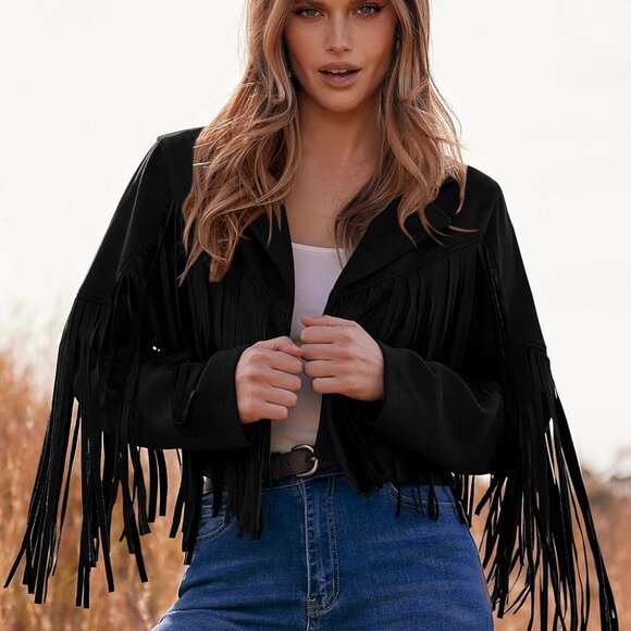 Women's Fringe Faux Suede Leather Jackets Fall Fashion 2025 Tassel Motorcycle Cr - Picture 7 of 9